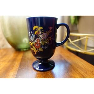 Vintage Footed Mug Floral Design Cobalt Blue Ceramic Coffee Tea‎ Cup Decorative